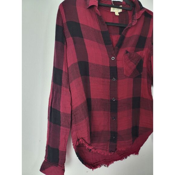 Cloth & Stone Button Front Top Sm Womens Long Sleeve Raw Hem Plaid Red Black - Picture 2 of 7
